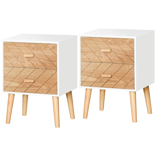 HOMCOM 2 Drawers Bedside Table with Pine Legs shown as a pair against a white background