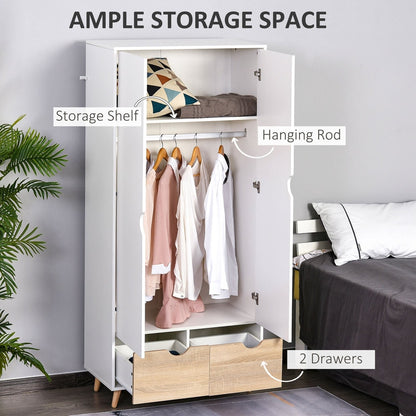The bedroom storage unit with labels pointing to the hanging rod shelf and two bottom drawers