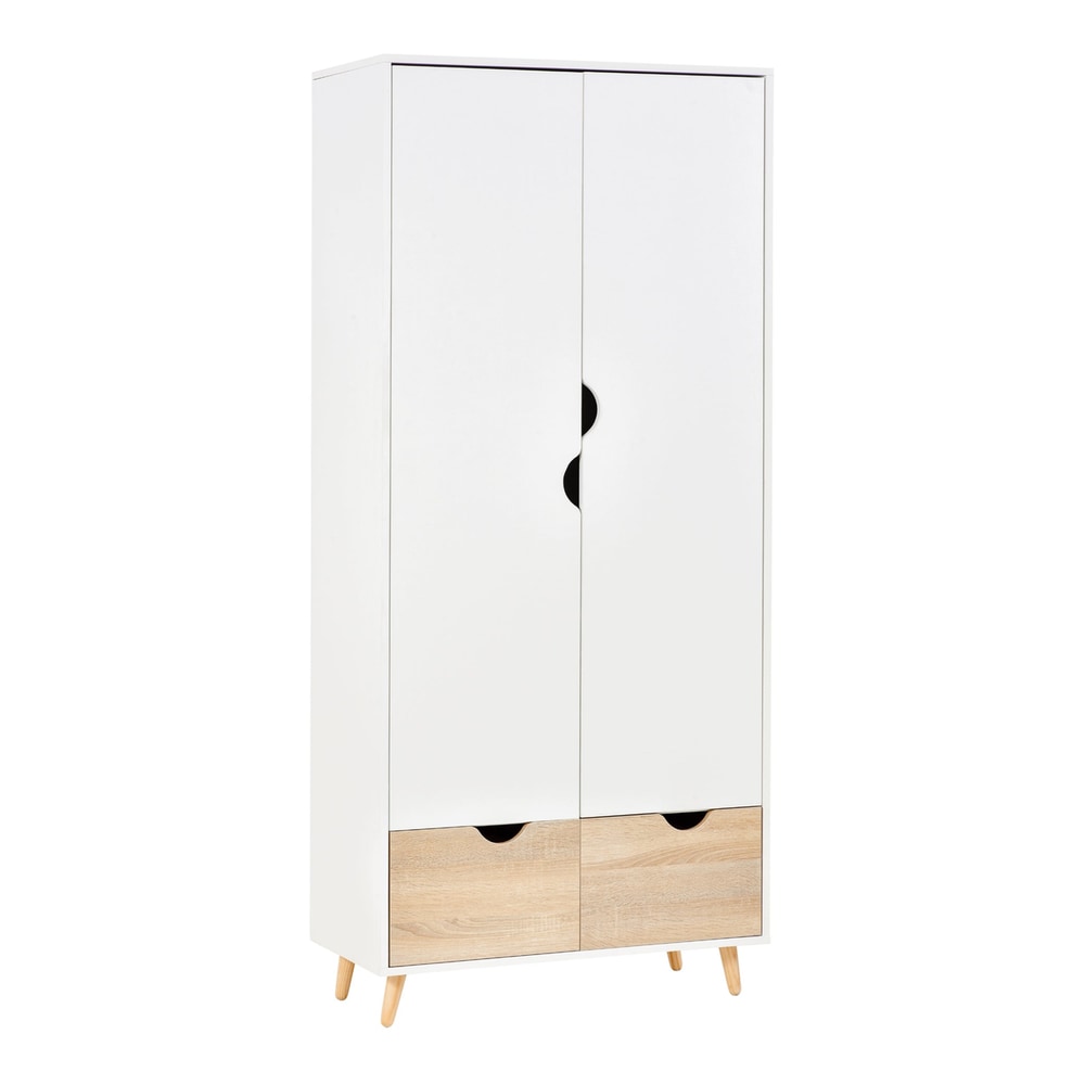 HOMCOM 2-Door Clothes Wardrobe in white with two light wood effect drawers and small wooden feet