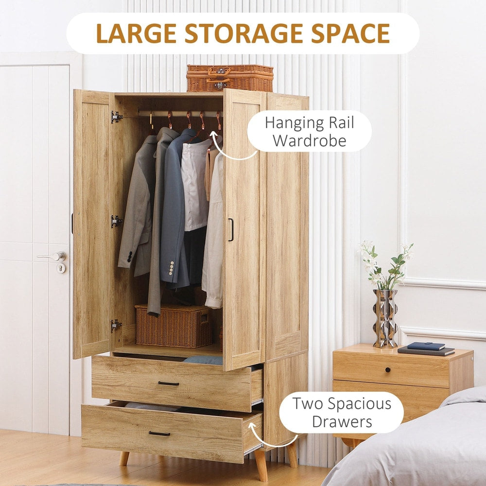 The spacious wardrobe with hanging rail and drawers is shown in a bedroom setting