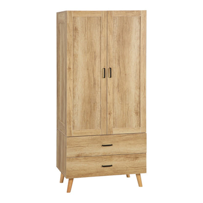 HOMCOM 2 Door Wardrobe with two drawers and a hanging rail, in a natural wood finish