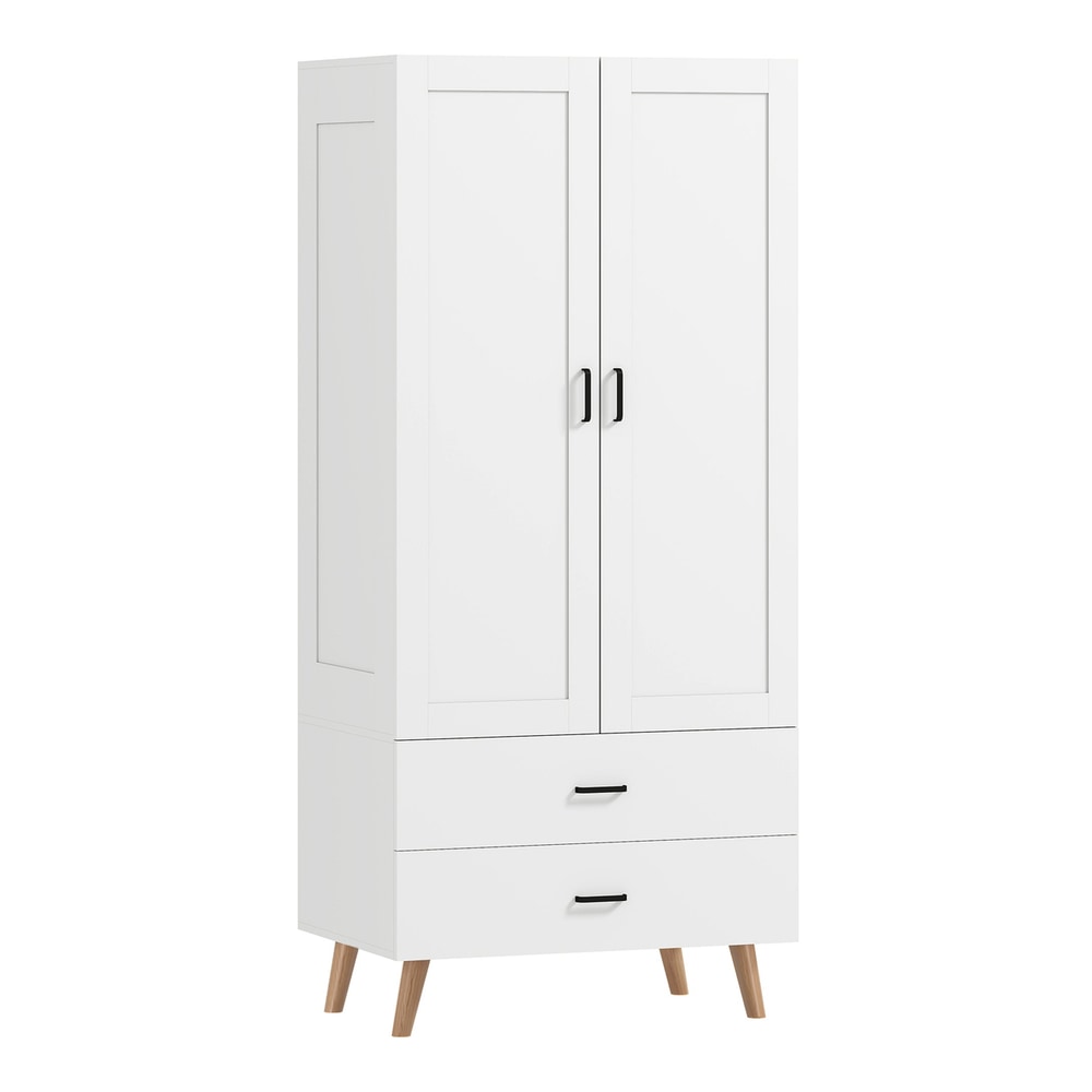 HOMCOM 2-Door Wardrobe in white with two drawers and wooden legs on a plain white background