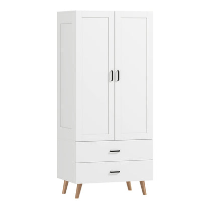 HOMCOM 2-Door Wardrobe in white with two drawers and wooden legs on a plain white background