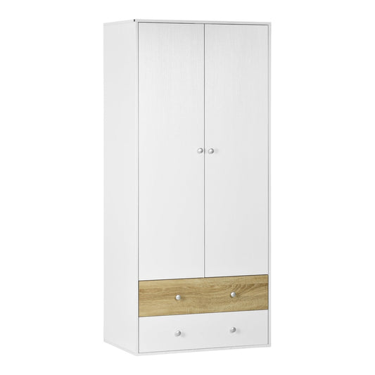 HOMCOM 2-Door Wardrobe with 2 Drawers, a tall white cabinet with two drawers at the bottom and two doors above