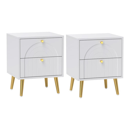 HOMCOM 2-Drawer Bedside Table Set of 2 in white with gold legs