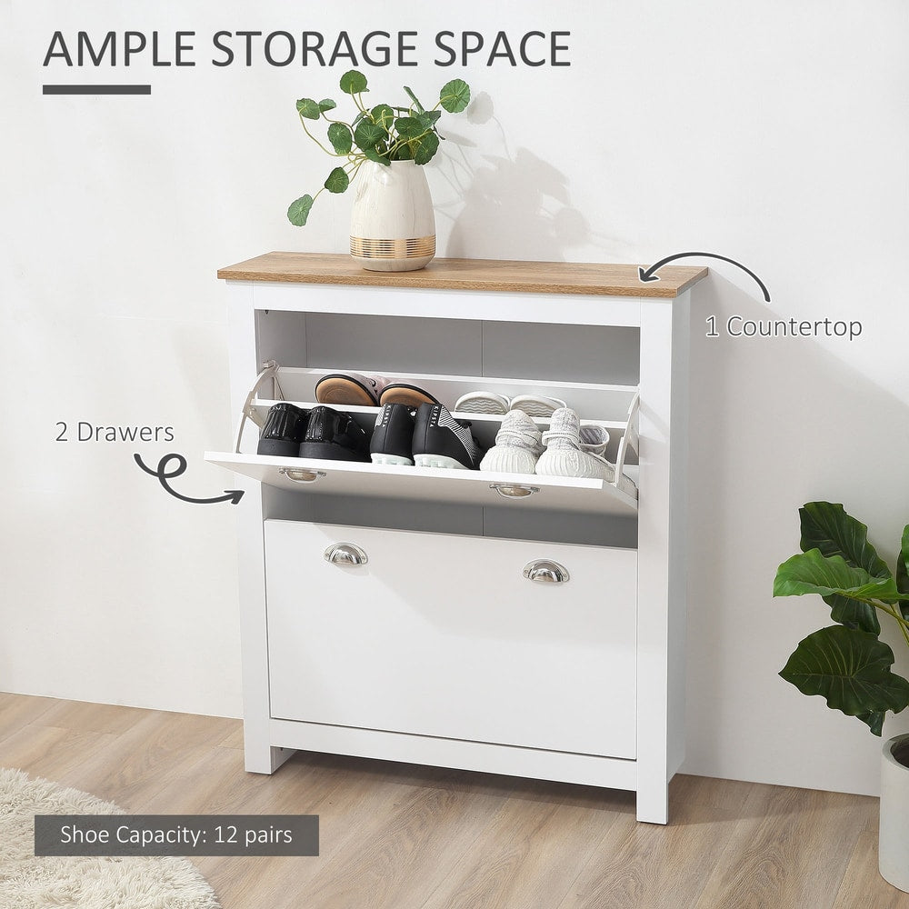 White shoe storage organiser with two open flip doors showing shoes inside