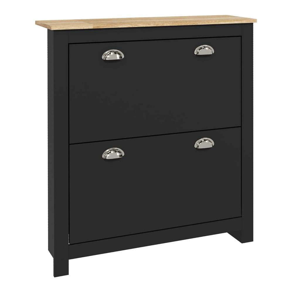 HOMCOM 2 Drawer Shoe Cabinet in black with a wooden top and two flip-down doors