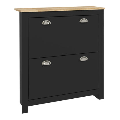HOMCOM 2 Drawer Shoe Cabinet in black with a wooden top and two flip-down doors