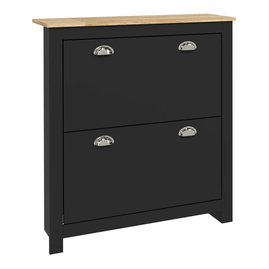 HOMCOM 2 Drawer Shoe Cabinet in black with a wooden top and two flip-down doors