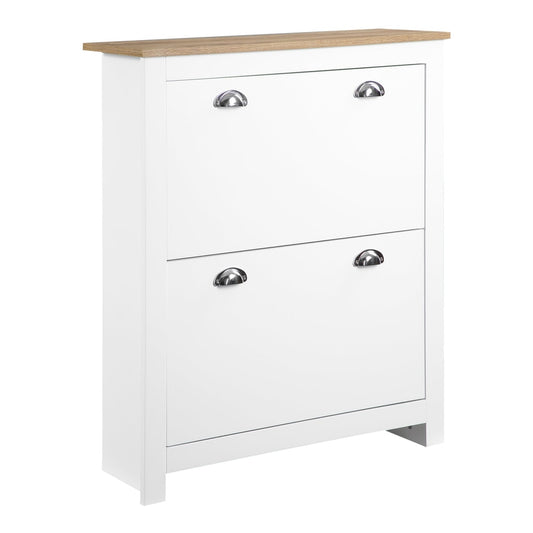 HOMCOM 2 Drawer Shoe Cabinet in white with a wood effect top and silver handles