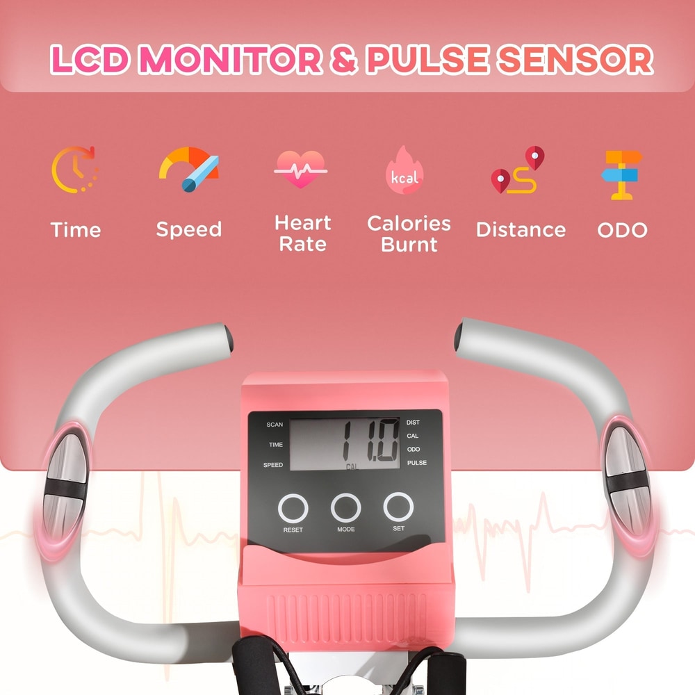 Close up of the exercise bike's LCD monitor showing time, speed, heart rate and calories burnt