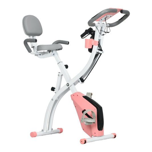 HOMCOM 2-in-1 Folding Exercise Bike with 8-Level Magnetic Resistance in pink and white