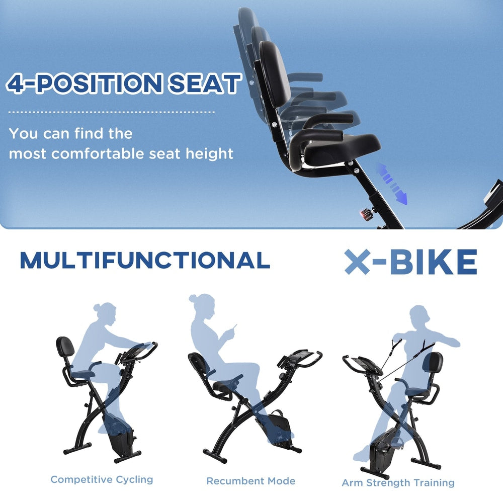 Different modes of the folding exercise bike including competitive cycling, recumbent mode and arm strength training