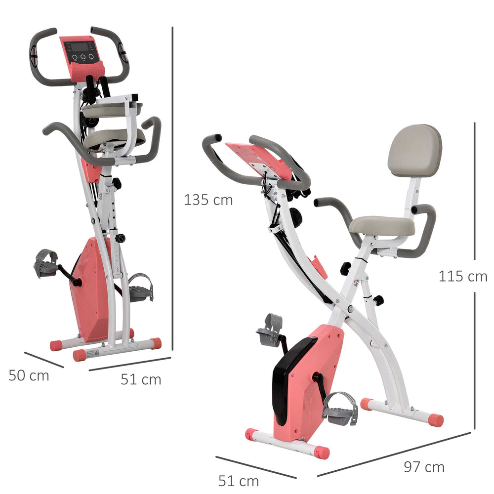 Compact folding exercise bike with dimensions shown