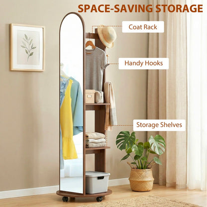Full length mirror with storage shelves with labels for coat rack, hooks and shelves