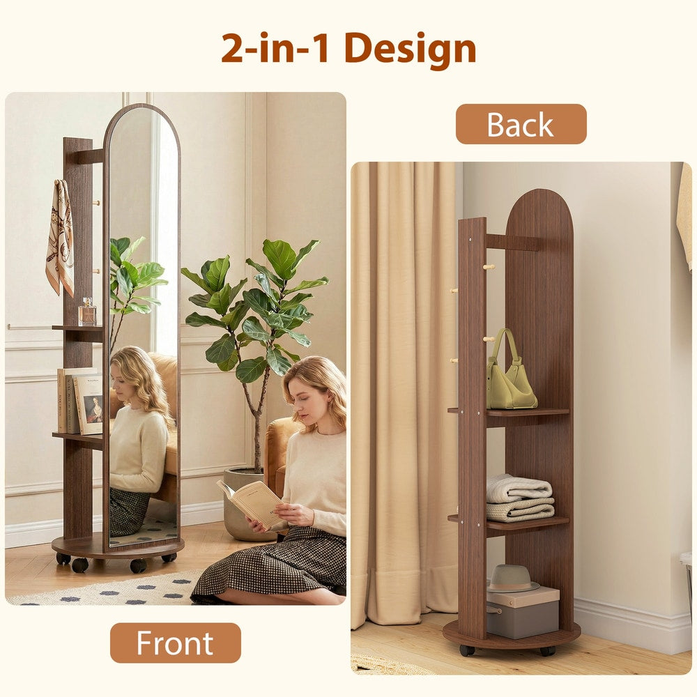 Full length mirror with storage shelves showing front and back