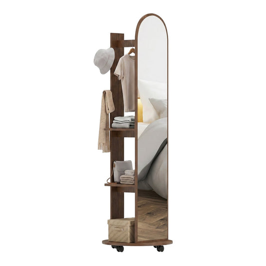 HOMCOM 2-in-1 Full Length Mirror with Storage Shelves standing alone with shelves holding items