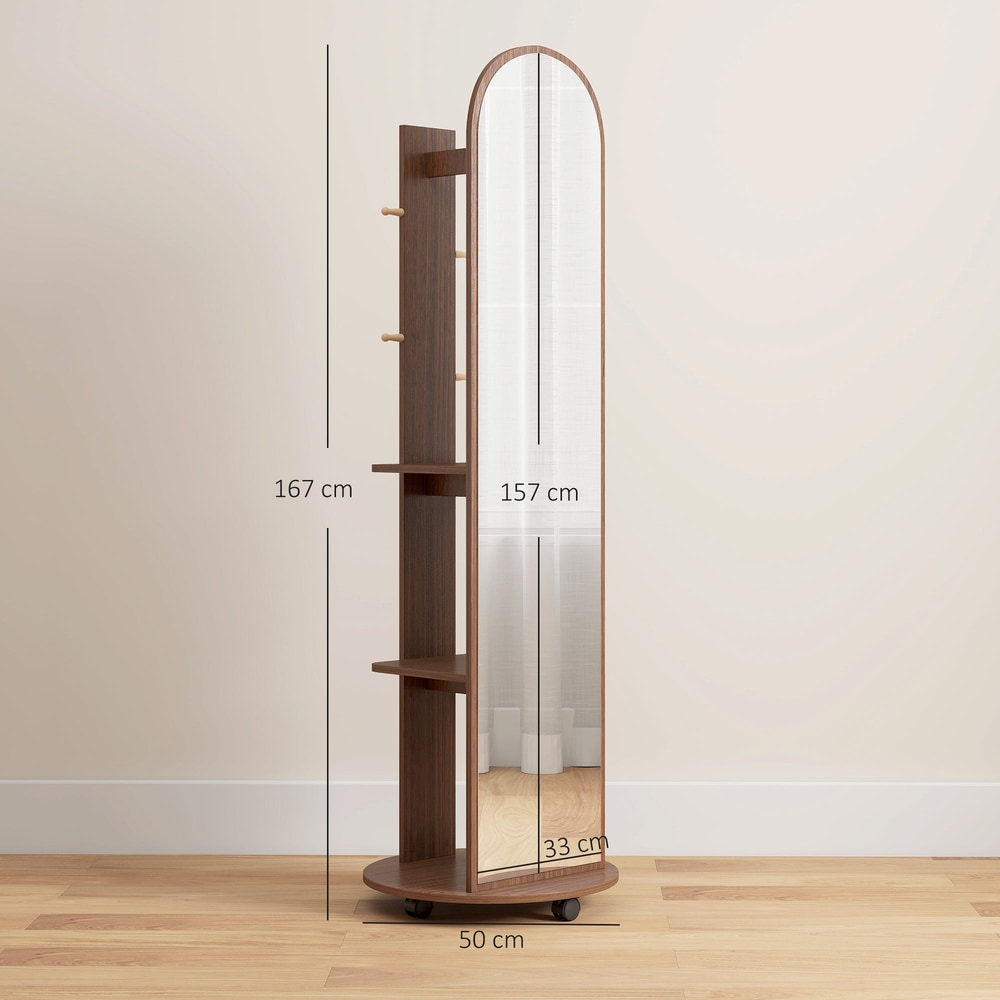 Full length mirror with storage shelves showing dimensions