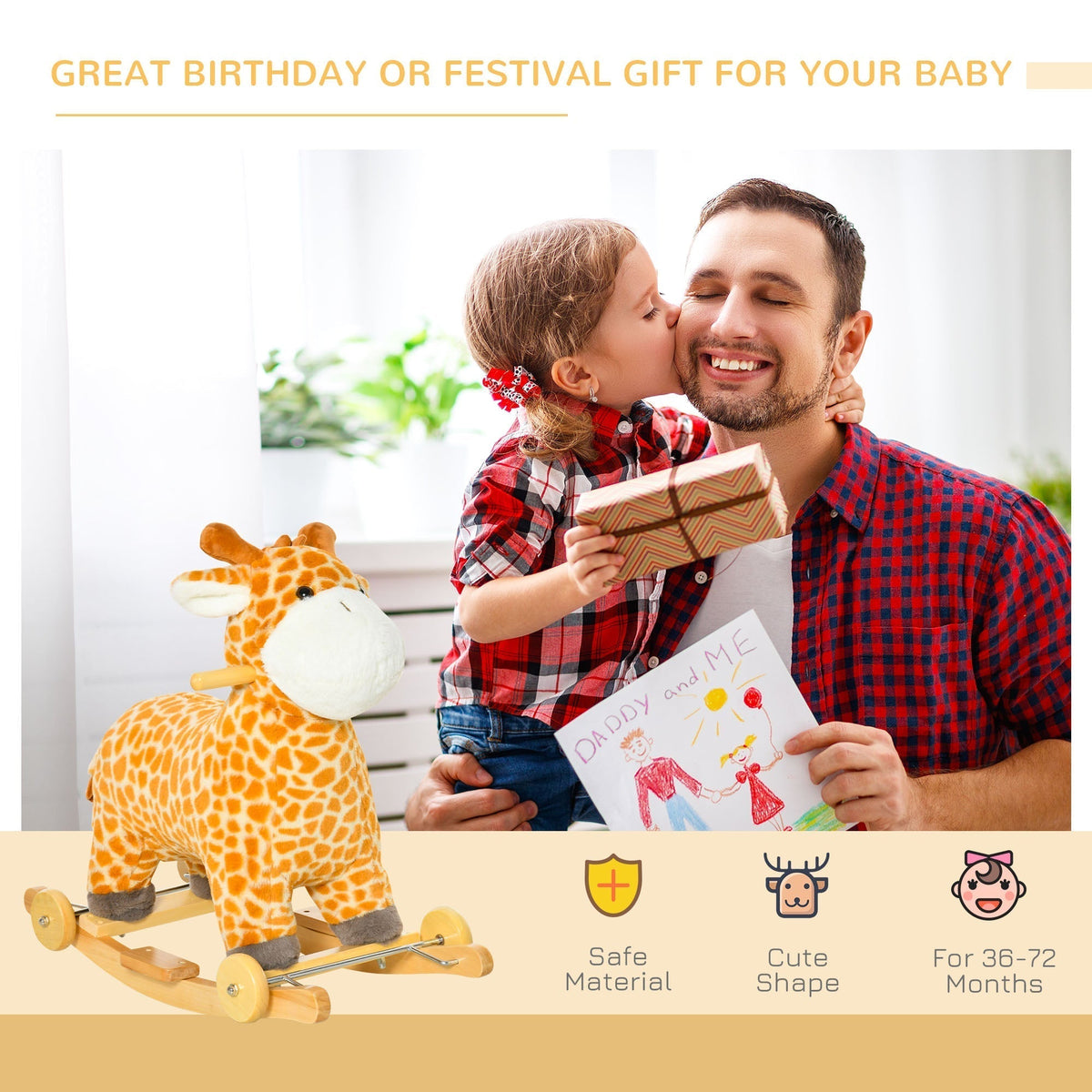 A plush giraffe rocker with wheels and wooden base is presented as a gift