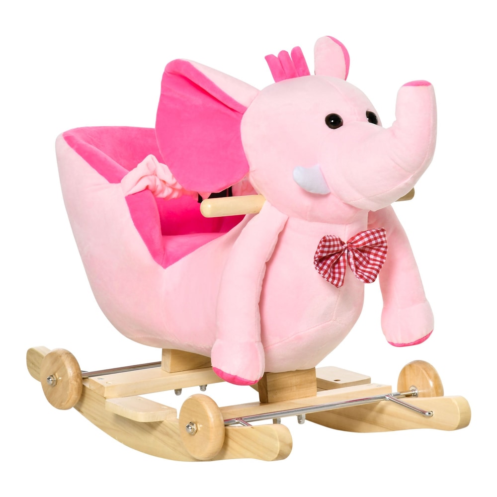HOMCOM 2 In 1 Plush Baby Ride on Rocking Horse Elephant Rocker in pink with wheels and wooden base