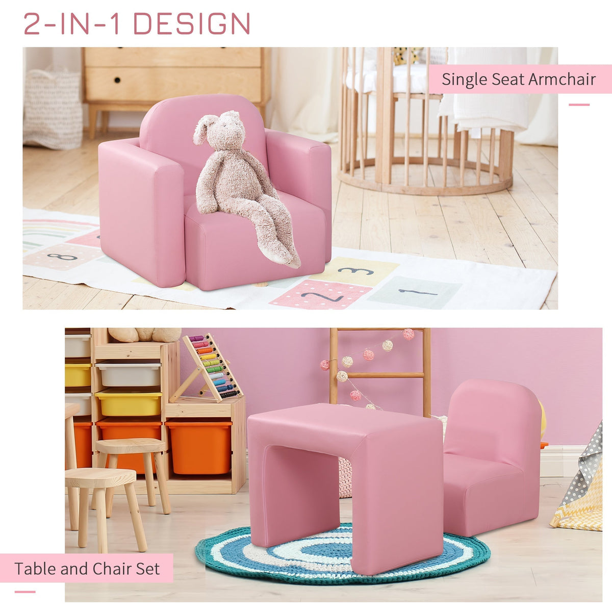 The pink kids sofa chair and table shown separately and as a set