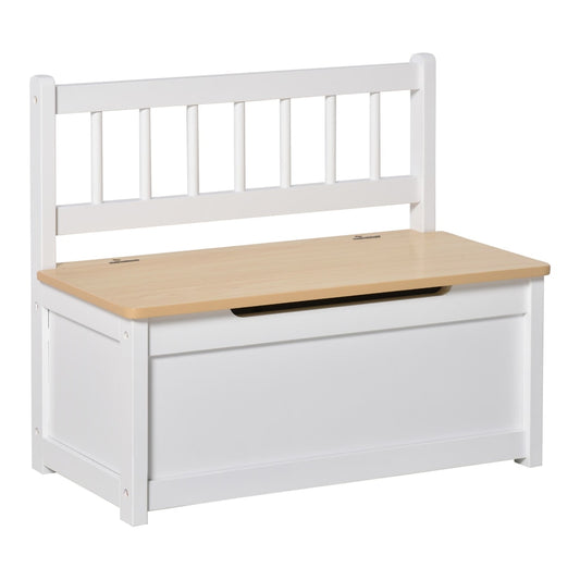 HOMCOM 2 In 1 Wooden Toy Box, a white storage bench with a slatted back and a light wood lid