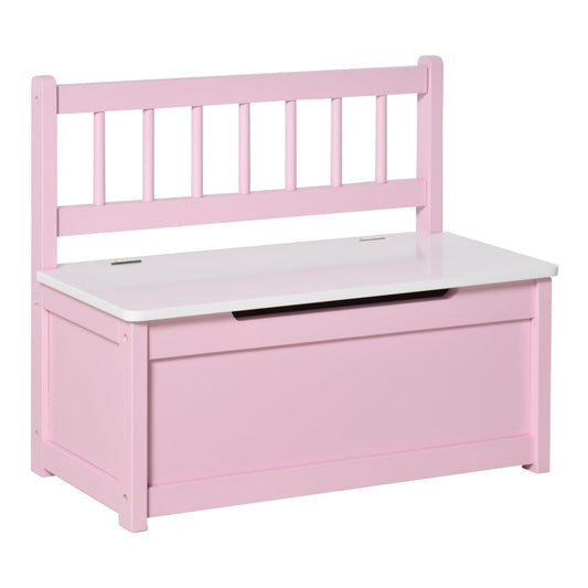 HOMCOM 2 In 1 Wooden Toy Box, a pink storage bench with a slatted back and white lid