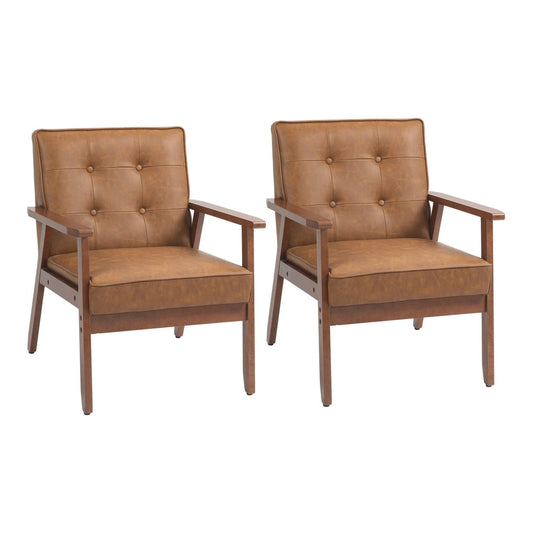 HOMCOM 2 Pack Retro-Style Accent Chair, two brown faux leather armchairs with wooden frames