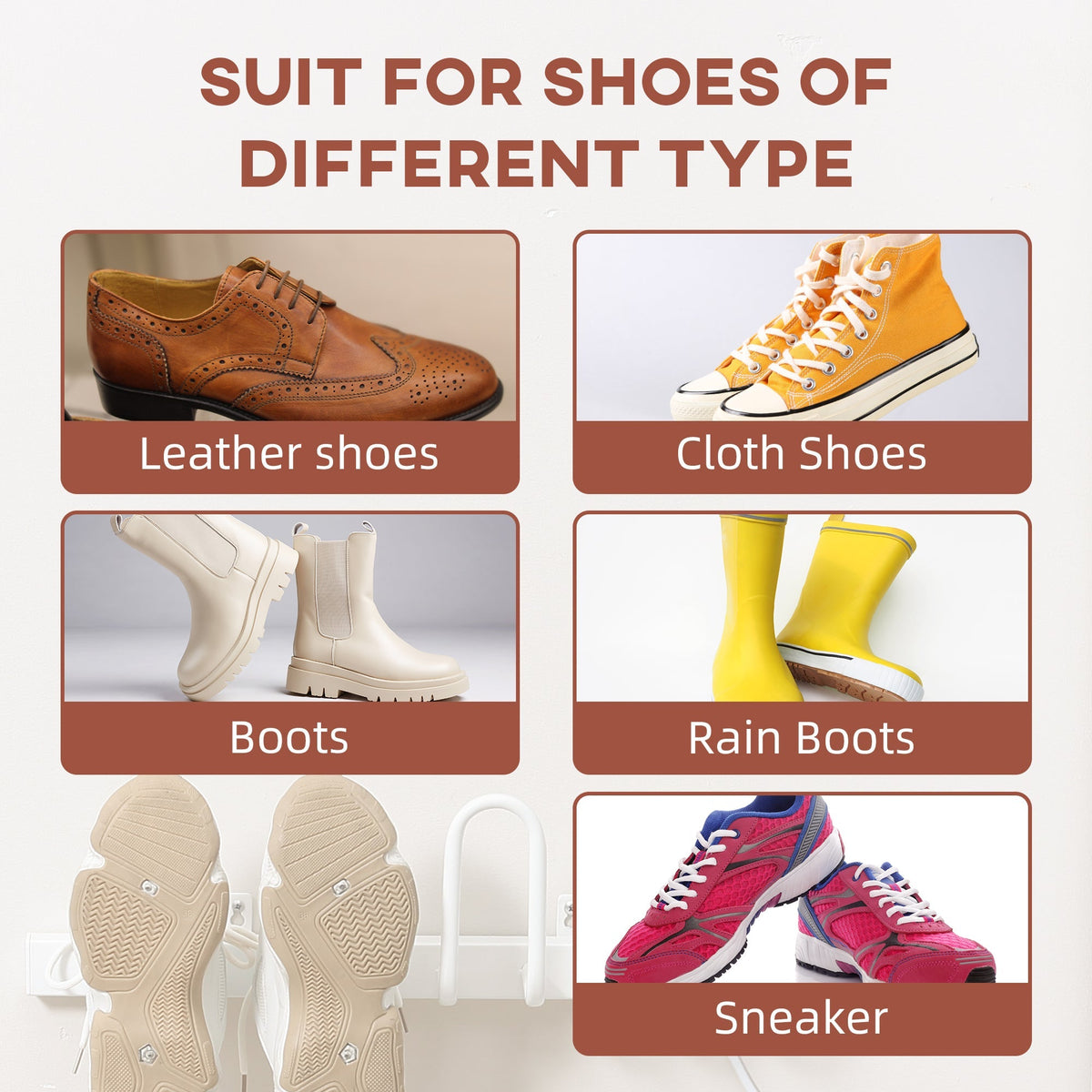 The electric shoe dryer shown with various types of footwear including boots and trainers