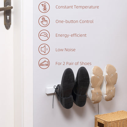 The electric shoe dryer with two pairs of shoes attached and icons showing product features