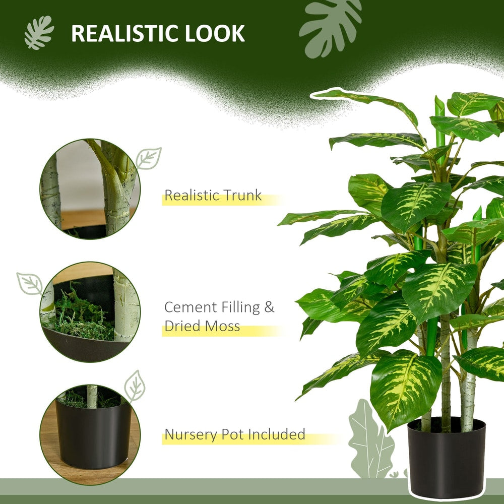 Close up of the artificial evergreen tree showing realistic trunk and nursery pot