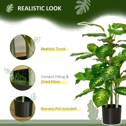 Close up of the artificial evergreen tree showing realistic trunk and nursery pot