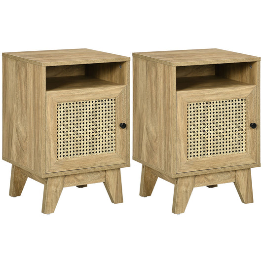 HOMCOM 2-Piece Narrow Rattan Nightstands, two natural wood effect bedside tables with cane detail cupboard doors and open