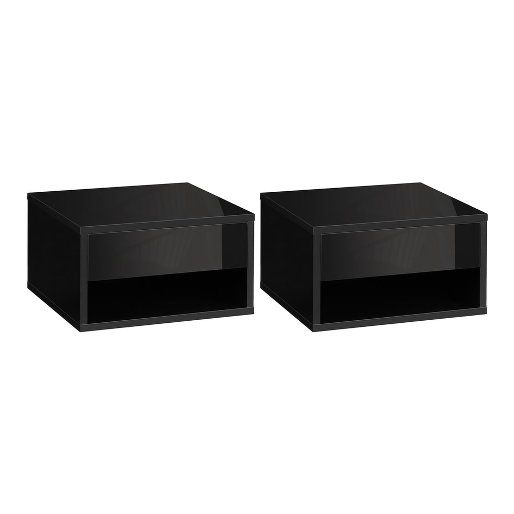 HOMCOM 2 Pieces Bedside Table Wall Mounted Nightstand with drawer and shelf in black gloss finish