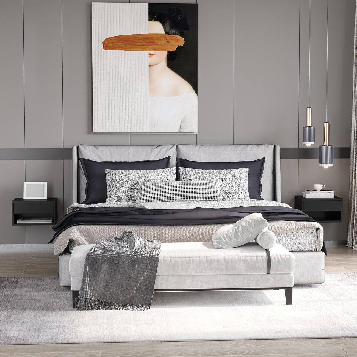 Two black gloss bedside tables mounted on a wall in a modern bedroom setting