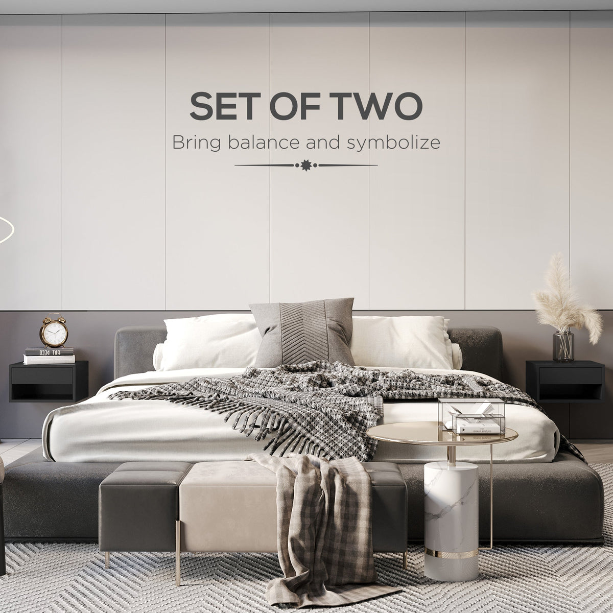 Set of two black gloss bedside tables in a stylish bedroom, one on each side of the bed