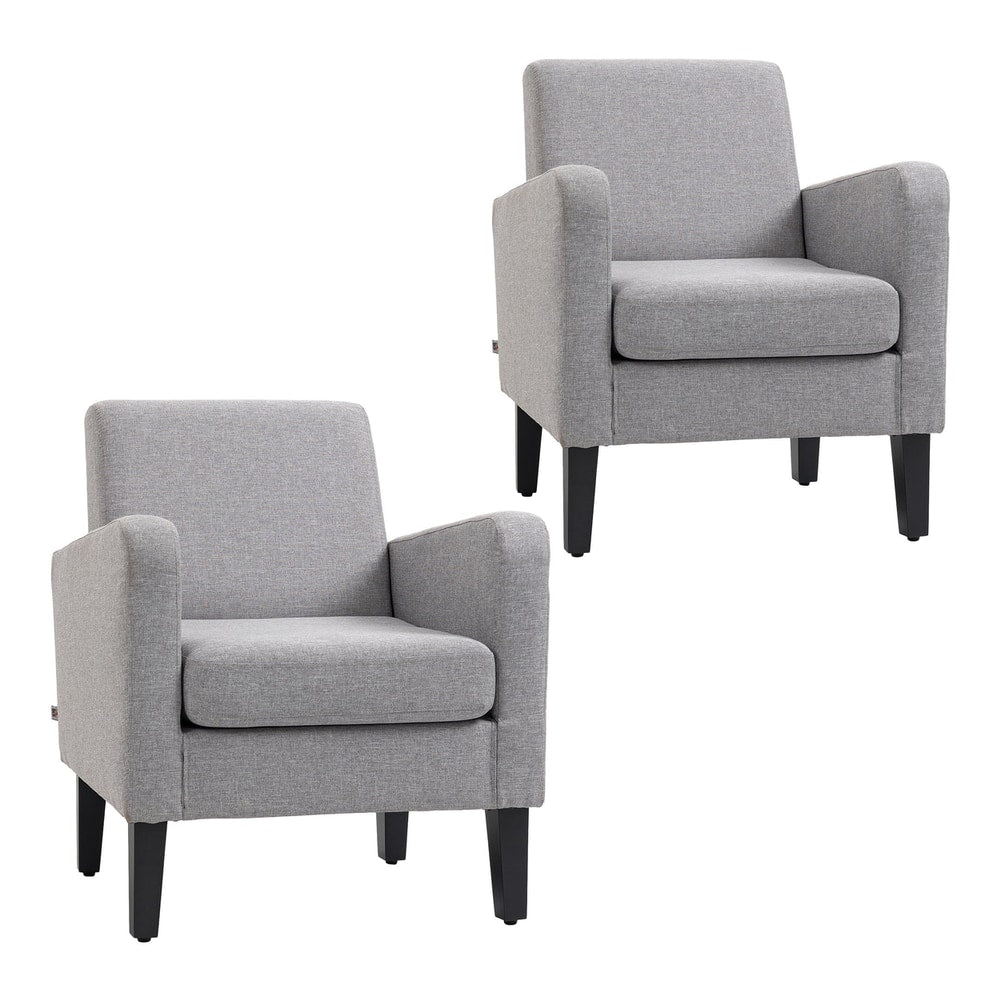 HOMCOM 2 Pieces Modern Armchairs with Rubber Wood Legs, two light grey upholstered accent chairs shown together