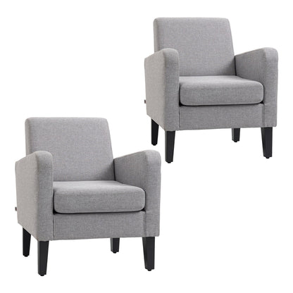 HOMCOM 2 Pieces Modern Armchairs with Rubber Wood Legs, two light grey upholstered accent chairs shown together