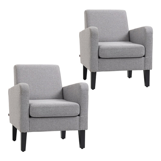 HOMCOM 2 Pieces Modern Armchairs with Rubber Wood Legs, two light grey upholstered accent chairs shown together