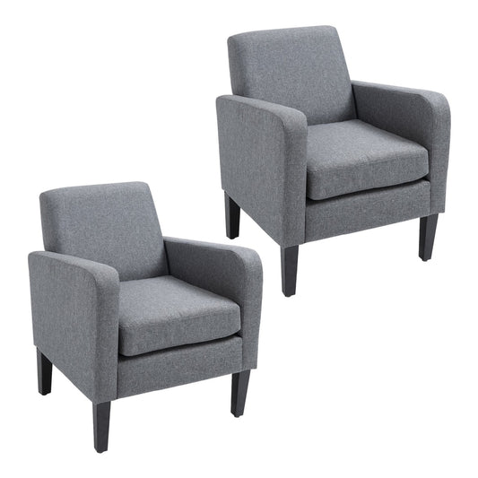HOMCOM 2 Pieces Modern Armchairs with Rubber Wood Legs, a pair of grey upholstered accent chairs with dark wooden legs