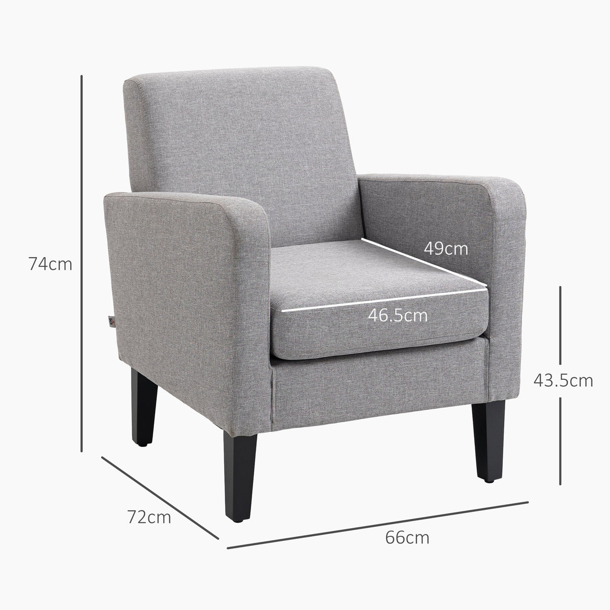 The single sofa with dimensions shown, including height, width and depth