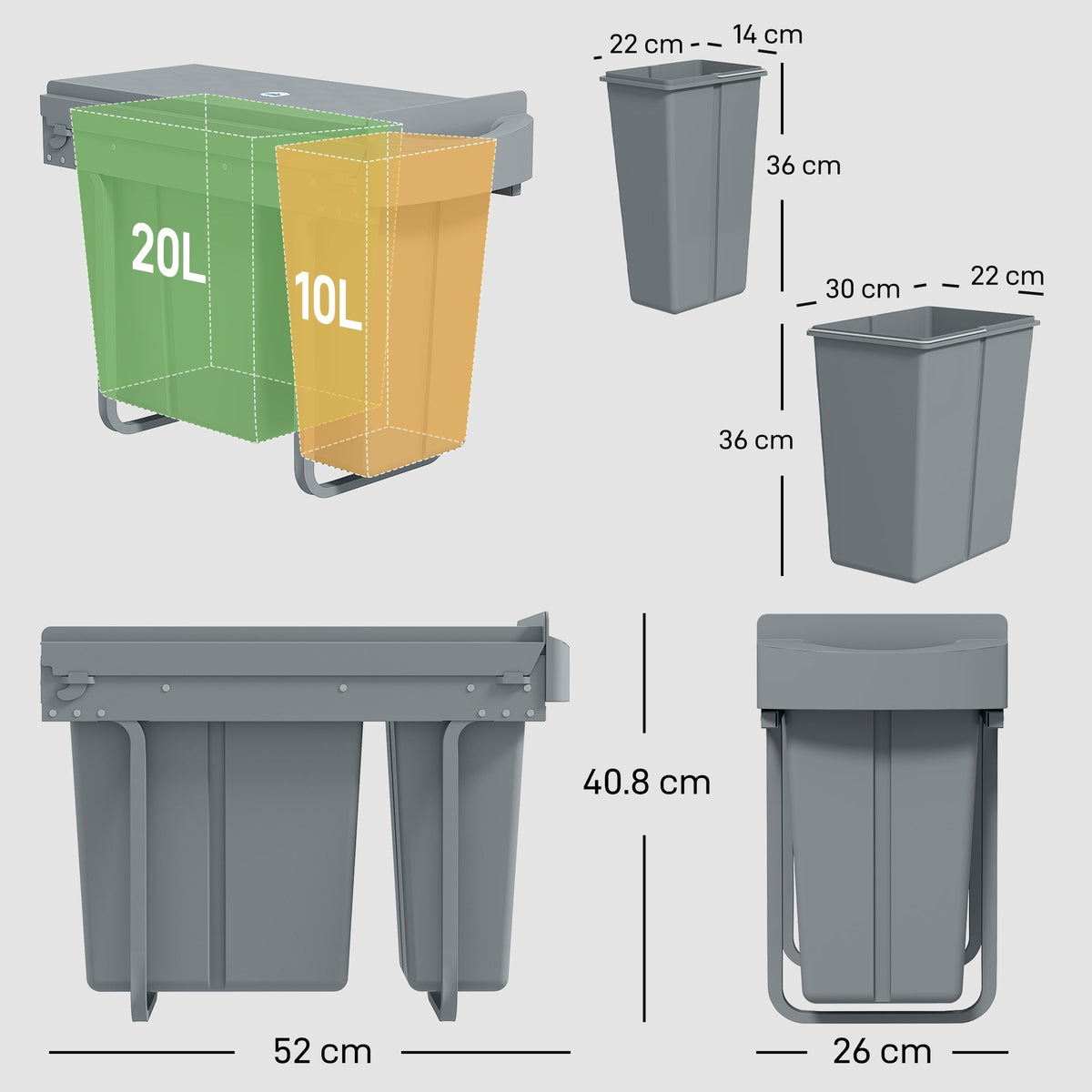 The recycling bin showing various dimensions and the capacity of the two separate containers