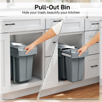The kitchen trash bin showing the smooth sliding mechanism as it is pulled out from a cabinet
