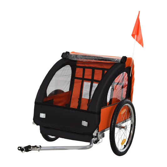 HOMCOM 2 Seat Bike Trailer Bicycle wagon in orange and black with a safety flag