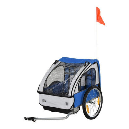 HOMCOM 2 Seat Bike Trailer Bicycle wagon with blue and white fabric and a bright orange safety flag