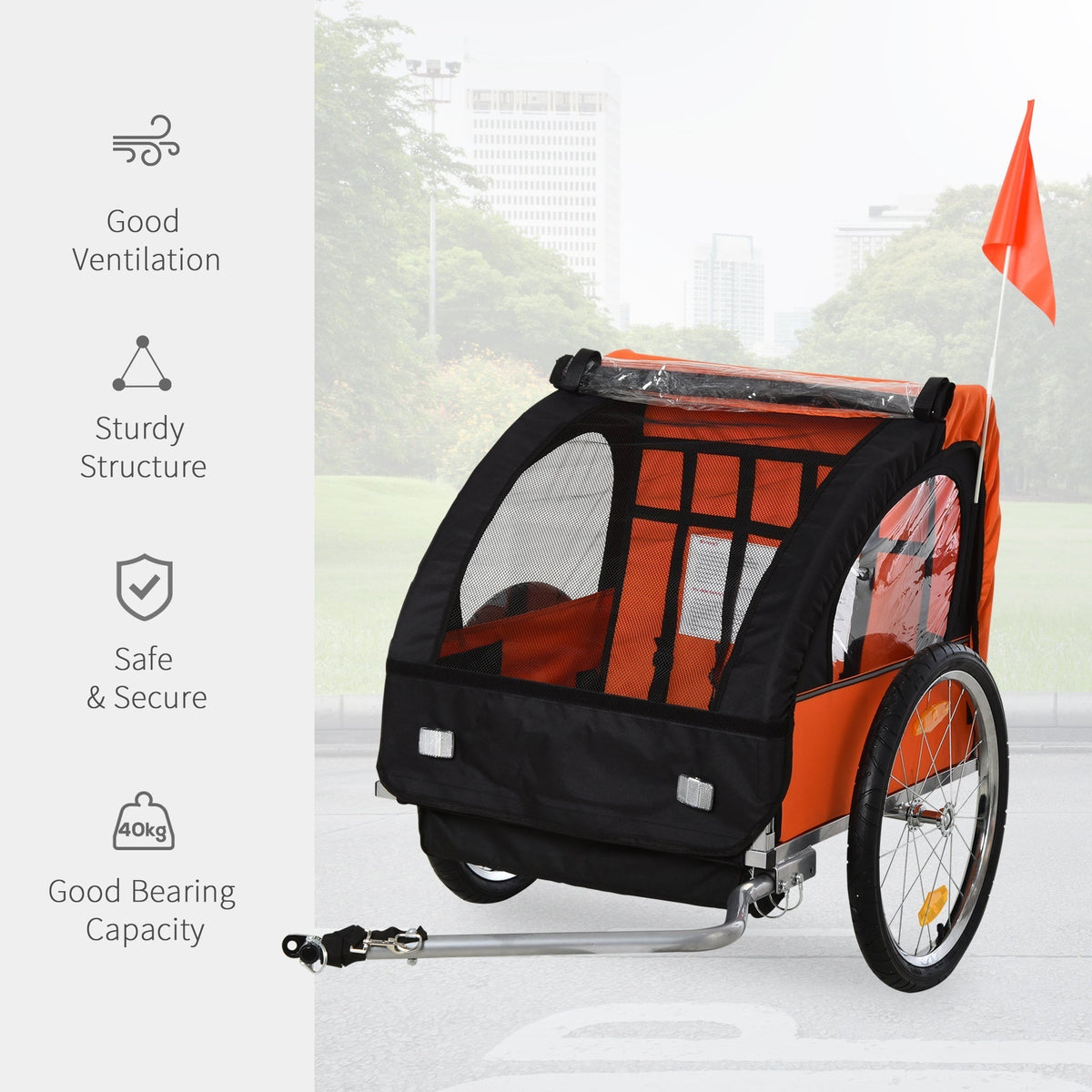 The orange and black two seat bike trailer showing good ventilation and sturdy structure