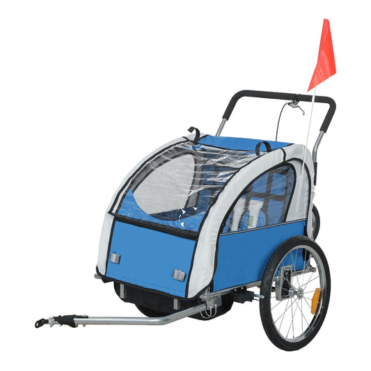 HOMCOM 2 Seat Bike Trailer with 5 Point Harness, a blue and grey child trailer with a red safety flag attached
