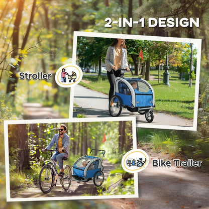 The blue and grey child trailer shown as a stroller and as a bike trailer in a split image