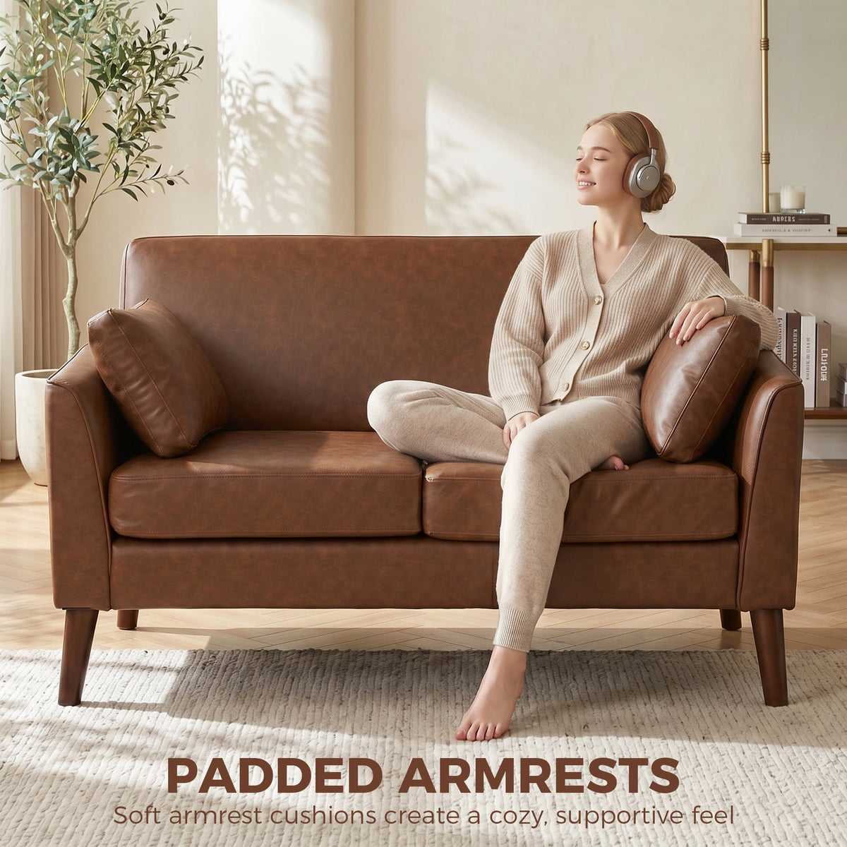 The brown two seater sofa with a woman sitting on it and text highlighting the padded armrests