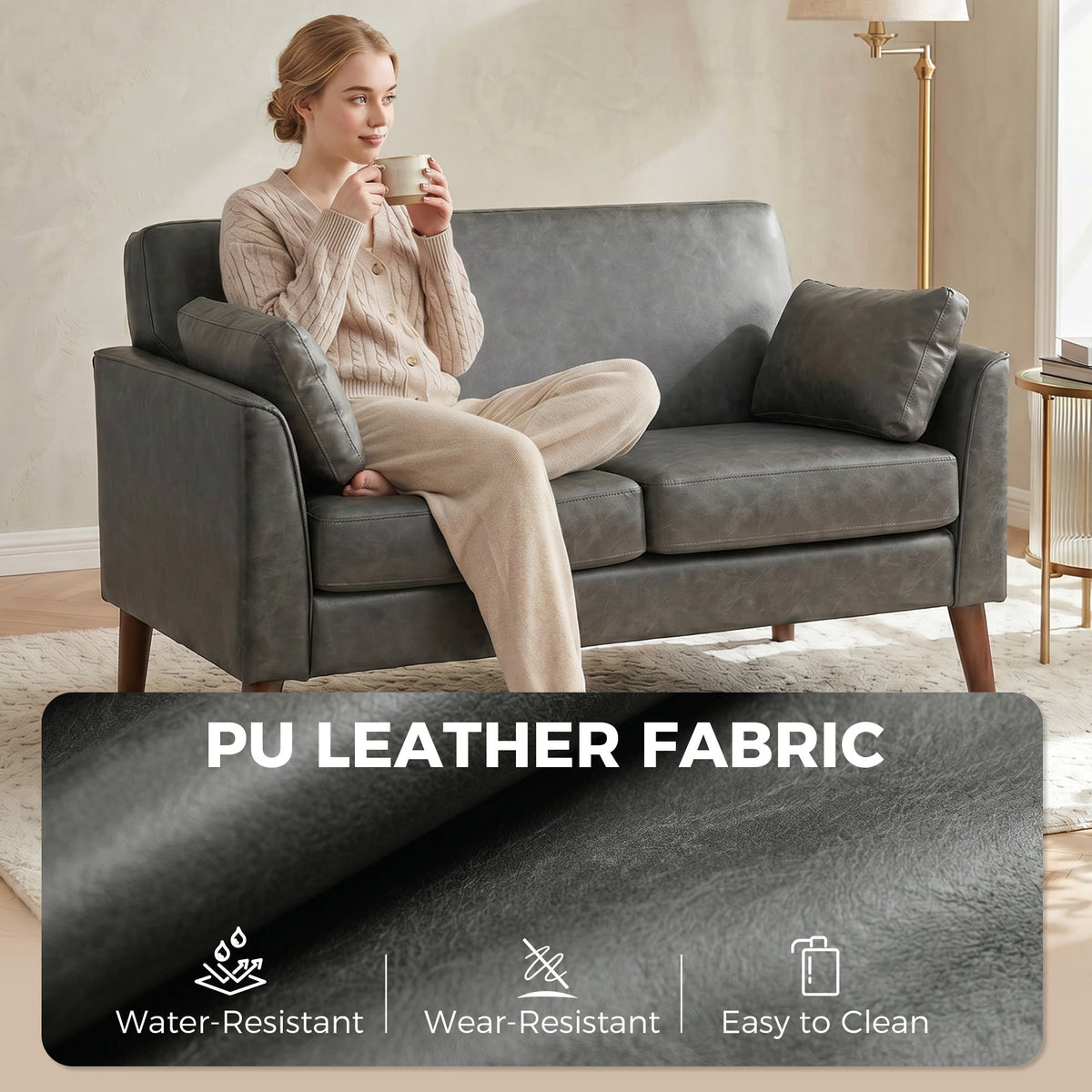 The PU leather fabric of the grey sofa is shown with text about its properties